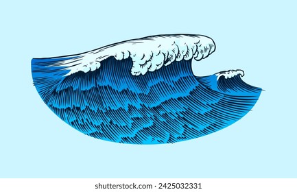 Atlantic tidal waves. Vintage old engraved hand drawn labels. Marine and nautical or sea, ocean in Japanese style for banner, background or poster. Isolated vector illustration.