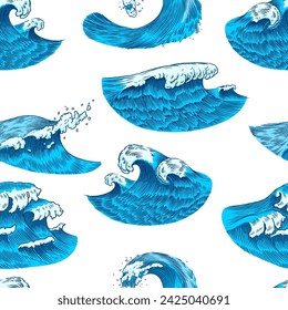 Atlantic tidal waves. Vintage old engraved hand drawn labels. Seamless Pattern. Marine and nautical or sea, ocean in Japanese style for banner, background or poster. Isolated vector illustration.