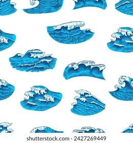 Atlantic tidal waves. Vintage old engraved hand drawn labels. Seamless Pattern. Marine and nautical or sea, ocean in Japanese style for banner, background or poster. Isolated vector illustration.