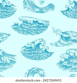 Atlantic tidal waves. Vintage old engraved hand drawn labels. Seamless Pattern. Marine and nautical or sea, ocean in Japanese style for banner, background or poster. Isolated vector illustration.
