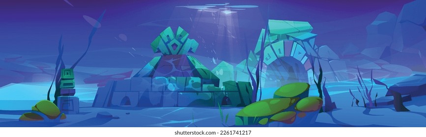 Atlantischer Unterwasser-Ozean-Spiel Cartoon Hintergrund des Ruins. Unterseewelt-Cartoon-Abenteuer. Abandontes Portal im Aquarium unten. Fantasy Artefakt zu erforschen. Nautische geheimnisvolle Landschaft.