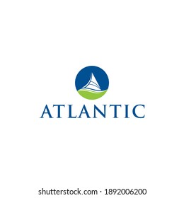 Atlantic Wave Sea Logo Design with lighthouse tower and Sailboat Vector Illustration