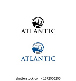 Atlantic Wave Sea Logo Design with lighthouse tower and Sailboat Vector Illustration