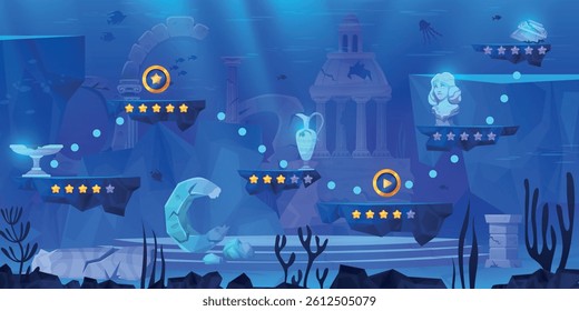 Atlantis game level. Underwater lost civilization video gaming map gui score interface, sunken ancient city ruins undersea adventure cartoon background, swanky vector illustration original artwork