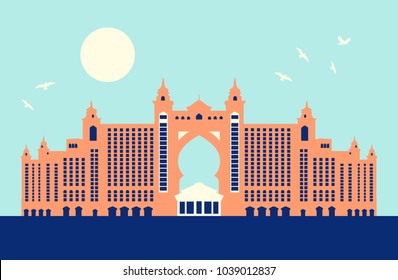 Hotel Atlantis en la isla de Palm Jumeirah en Dubai, Emiratos Árabes Unidos. Ilustración vectorial.