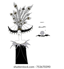 Atlantis. Isolated vector illustration. Based on hand drawn original style art. Black ink, gold and silver. Fantastic female figure with closed eyes.