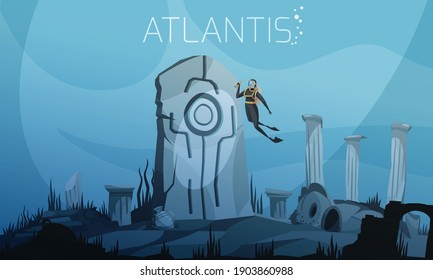 Atlantis sobre la ilustración de los vectores del fondo oceánico con buceador en traje de buceo en el fondo de las ruinas antiguas