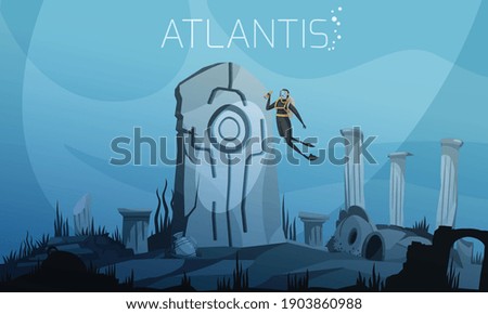Atlantis on ocean bottom vector illustration with diver in diving suit at ancient ruins background