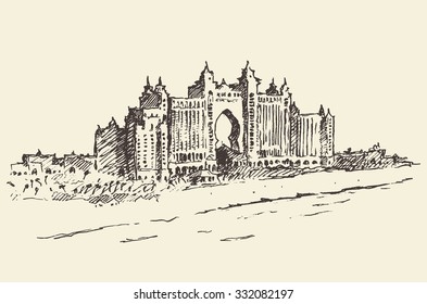 Atlantis The Palm hotel resort, Dubai, United Emirates. Hand drawn, engraved vector illustration.