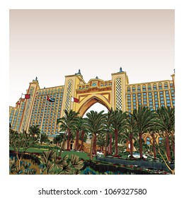 Atlantis, The Palm is a luxury hotel resort located at the Jumeirah Palm in the United Arab Emirates. The world famous hotel in Dubai. Hand drawn sketch. Vector.