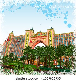 Atlantis, The Palm is a luxury hotel resort located at the Jumeirah Palm in the United Arab Emirates. The world famous hotel in Dubai. Hand drawn watercolor sketch with splashes. Vector.