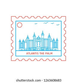 ATLANTIS THE PALM postage stamp Blue and red Line Style, vector illustration