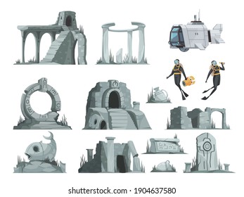 Atlantis Ruins Cartoon Icons Set Of Elements For Computer Game Isolated Vector Illustration