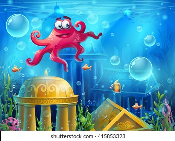 Atlantis ruins cartoon octopus - vector background  illustration screen to the computer game. Bright background image to create original video or web games, graphic design, screen savers.