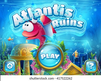 Atlantis ruins with fish rocket - vector illustration boot screen to the computer game. Bright background image to create original video or web games, graphic design, screen savers.