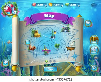 Atlantis ruins playing field - vector illustration level map screen to the computer game user interface. Background image to create original video or web games, graphic design, screen savers.