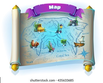 Atlantis ruins playing field - vector illustration level map screen to the computer game user interface on white background. Image to create original video or web games, graphic design, screen savers.