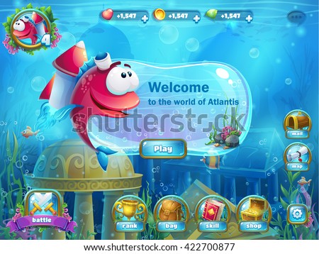 Atlantis ruins playing field - vector illustration screen to the computer game. Bright background image to create original video or web games, graphic design, screen savers.