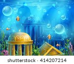 Atlantis ruins - vector illustration screen to the computer game. Bright background image to create original video or web, graphic design, screen savers.