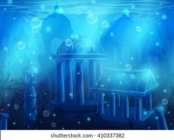 Atlantis. Seamless submerged underwater city, the ancient ruins of eastern. For newspapers, magazines, web design, websites, printing, video or web game.