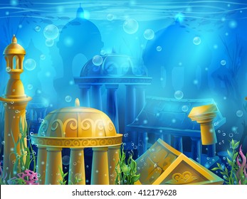 Atlantis. Seamless submerged underwater city, the gold ancient ruins of eastern. For newspapers, magazines, web design, websites, printing, video or web game.