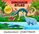 Atlas book cover with prehistoric dinosaurs and reptiles in jungle forest. Vector carbonemys, melanorosaurus, sarcosuchus, henodus and indricotherium dinosaur animals and prehistoric nature landscape