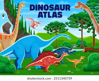 Atlas book cover, prehistoric dinosaurs and reptiles at natural landscape. Cartoon vector storybook with ancient creature species in a lush, green environment with tropical forest plants and waterfall