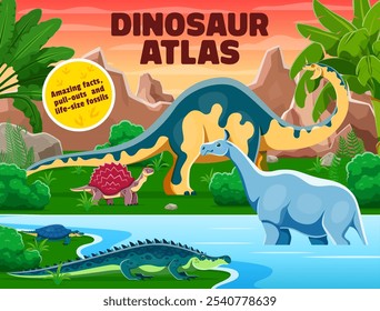 Atlas book cover with prehistoric dinosaurs and reptiles in jungle forest. Vector carbonemys, melanorosaurus, sarcosuchus, henodus and indricotherium dinosaur animals and prehistoric nature landscape