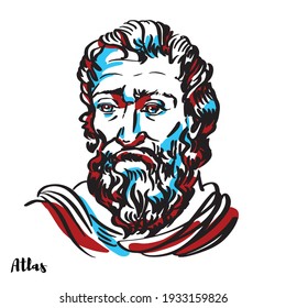 Atlas Engraved Vector Portrait With Ink Contours On White Background. In Greek Mythology, Atlas Was A Titan Condemned To Hold Up The Celestial Heavens Or Sky For Eternity After The Titanomachy.