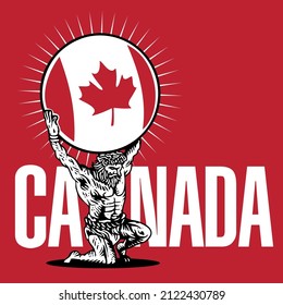 Atlas Holding Up National Flag Ball of Country Canada