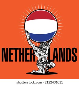 Atlas Holding Up National Flag Ball of Country Netherlands