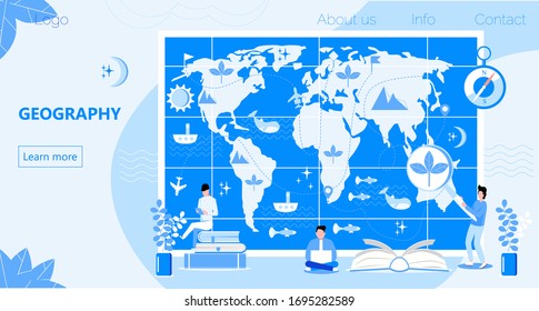 Atlas with metrics, compass, and oceans concept vector. Geographers study earth. Geography online and topography research illustration. Teacher in front of map in school or university. 