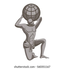 Atlas monument, character in greek mythology. Titan condemned to hold up sky for eternity after Titanomachy. Vector illustration of man holding globe on his shoulders, bronze statue realistic style