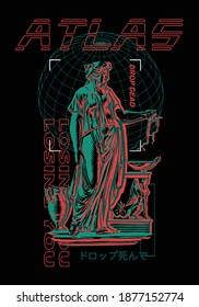Atlas slogan Translation: "Drop dead."with geometric shapes and statue design print for tee and poster