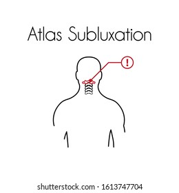 Atlas subluxation linear icon. Vector minimal illustration of young man with red atlas vertebra suffers from pain in the neck. Design template for medicine or therapy for rachiocampsis or backache