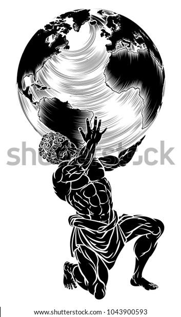 Atlas titan\
from Greek mythology symbol of strength sentenced by the Gods to\
hold up the sky represented by a\
globe