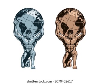 Atlas or Titan holding the globe on his shoulders. Bodybuilder athlete statue, gold or bronze and iron versions. Vector illustration. 