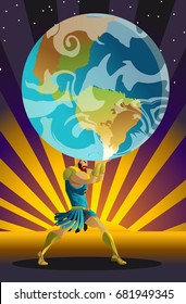 atlas the titan holding the sky earth globe on his shoulders in the sunset