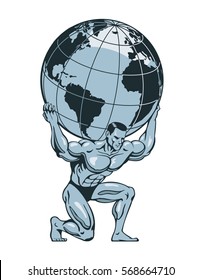 Atlas or titan kneeling carrying lifting globe world earth on his back. Bodybuilder. Vector illustration.