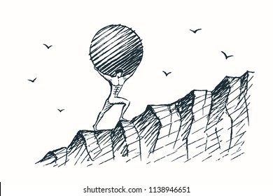 Atlas - Vector Art Concept Illustration. A Strong Man Carries A Stone Ball On His Back, Hand Drawn Sketch.