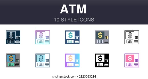 ATM 10 style universal icons, line, outline, simple, flat, filled, two coloured, gradient elements