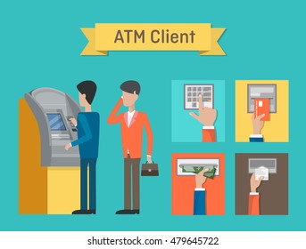 ATM or automated teller or cash machine clients. Cashline or cashpoint,bankomat or minibank used by people who using dollar cash or plastic credit cards for financial transactions at interbank network