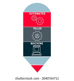 ATM - Automated Teller Machine acronym. business concept background.  vector illustration concept with keywords and icons. lettering illustration with icons for web banner, flyer, landing 