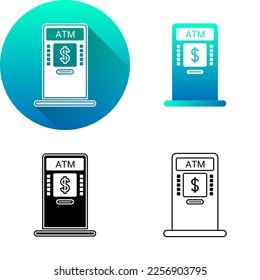 ATM Automated Teller Machine Asset Finance Icon, Set of Flat Long Shadow, Black-White Silhouette, Line Art Logo Icon Symbol Isolated on White Background Financial, Bank, Business