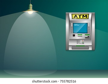 ATM - Automated teller machine. Blue and green wall. Metal lantern. High detail. 3D