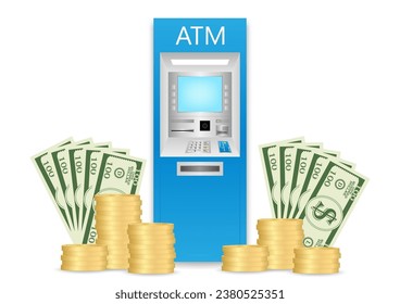 ATM- Automated Teller Machine with  Cash Money and Coin Stack. Saving and Investment Concept. Vector Illustration. 