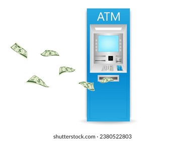 ATM- Automated Teller Machine with Flying Cash Money. Saving and Investment Concept. Vector Illustration. 