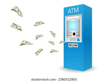 ATM- Automated Teller Machine with Flying Cash Money. Saving and Investment Concept. Vector Illustration. 