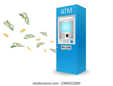 ATM- Automated Teller Machine with Flying Cash Money and Coins. Saving and Investment Concept. Vector Illustration. 