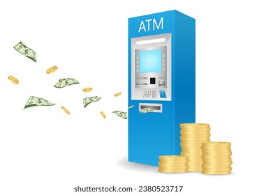 ATM- Automated Teller Machine with Flying Cash Money and Coins. Saving and Investment Concept. Vector Illustration. 